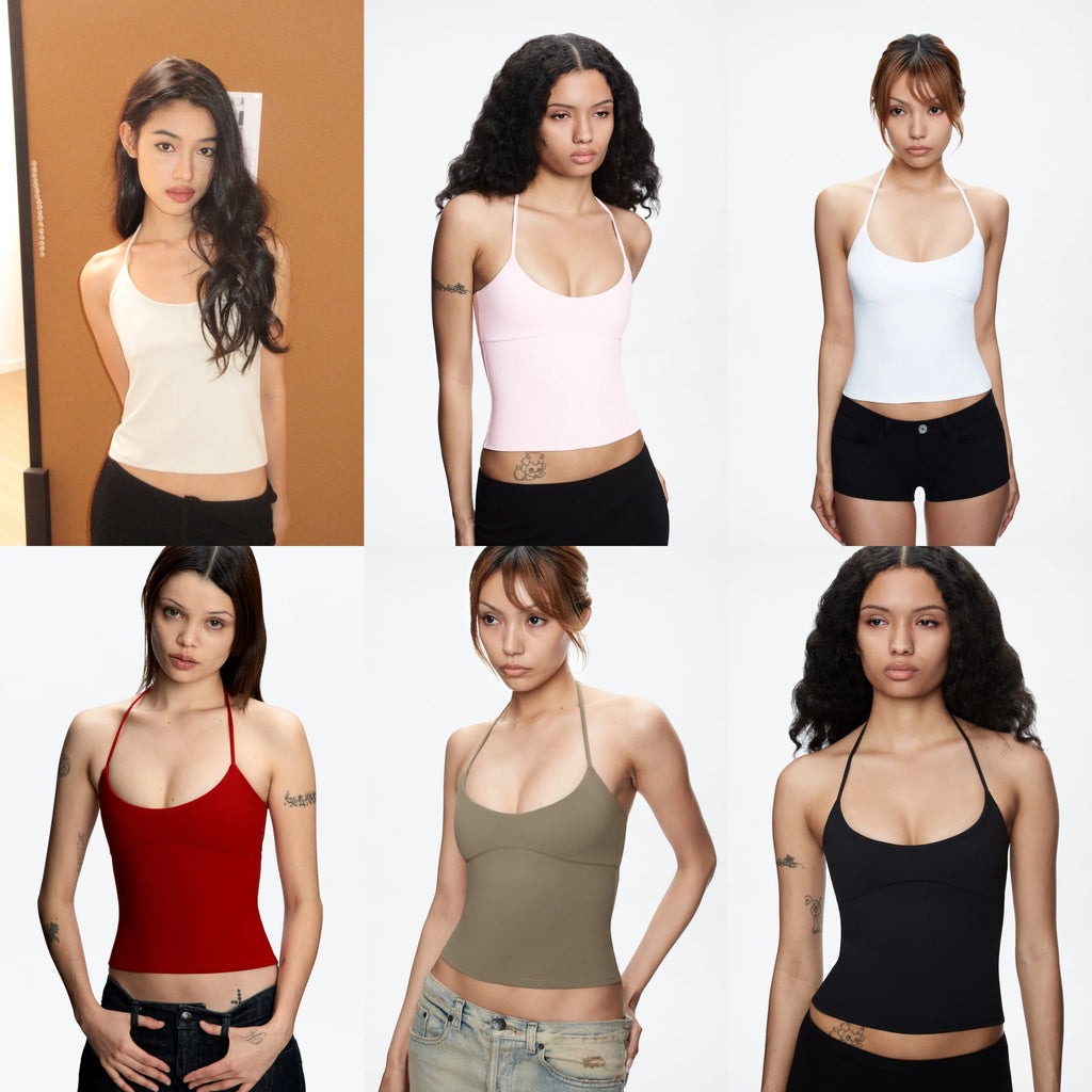 Tank Women's Open-Back Stretchy Camisole Top with Metal Accessories and Self-Tie Shoulder Straps, Low-Neck Sexy Halter Top