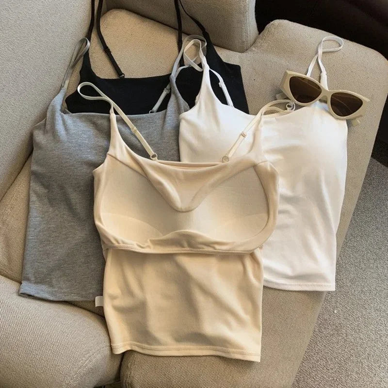 New Simple Cotton Summer Sling Camisole Women Girls Crop Top Sleeveless Shirt Lady Bra Tops Straps Skinny Camisole look thinner