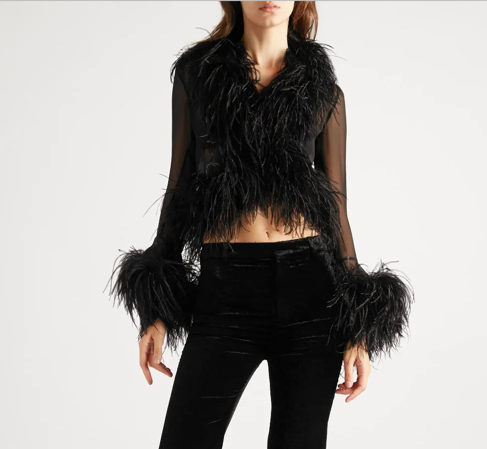 Luxury ostrich feather top party club birthday blouse date night classic stage new year holiday jacket women mesh shirt