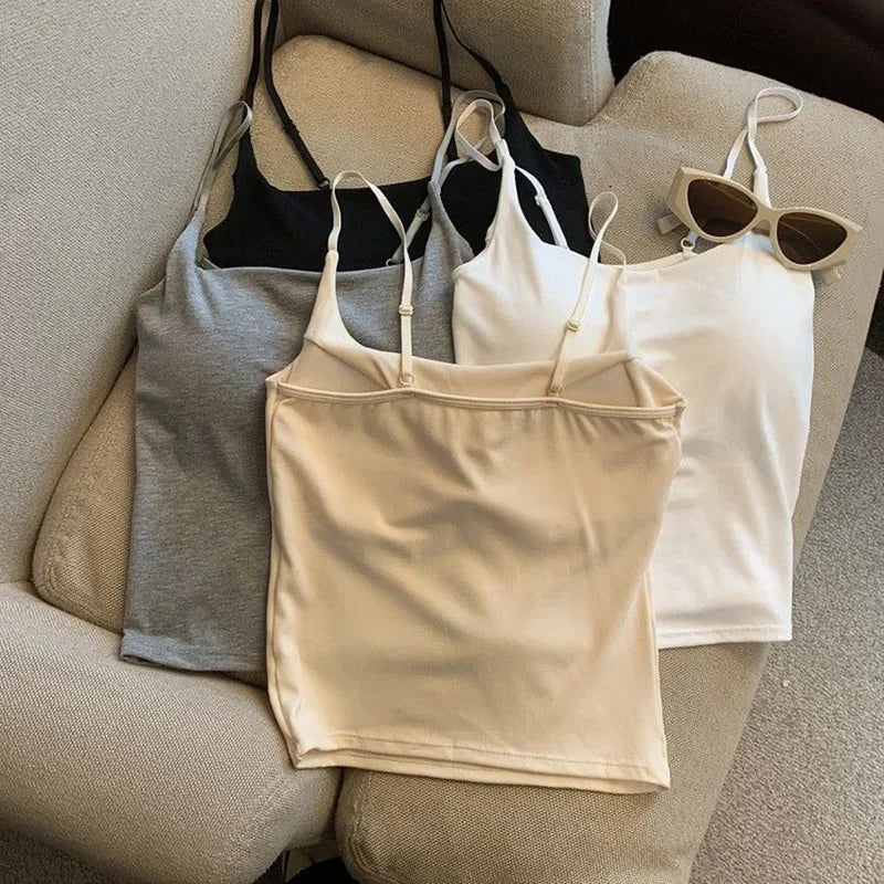 New Simple Cotton Summer Sling Camisole Women Girls Crop Top Sleeveless Shirt Lady Bra Tops Straps Skinny Camisole look thinner