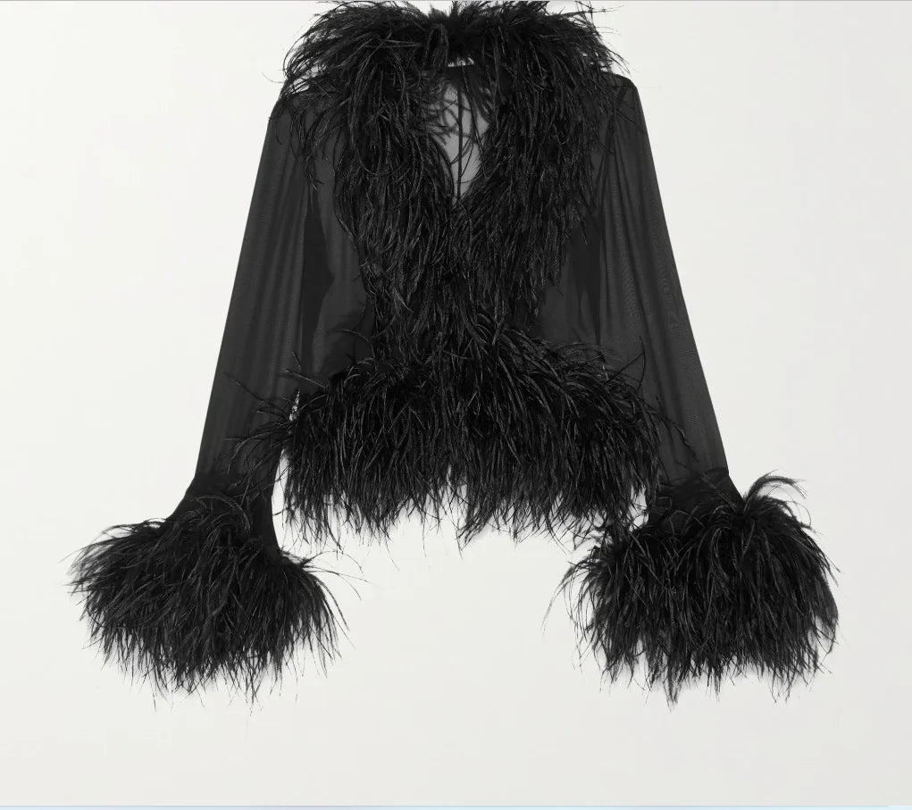 Luxury ostrich feather top party club birthday blouse date night classic stage new year holiday jacket women mesh shirt