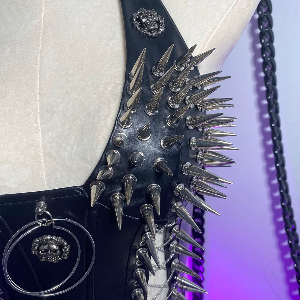 Gothic Bustier Top Y2K Punk Studded Tops Vegan Leather Goth Clothes Crop Rock Rivets Woman Camisole Skull Grunge Emo DIY Tanks